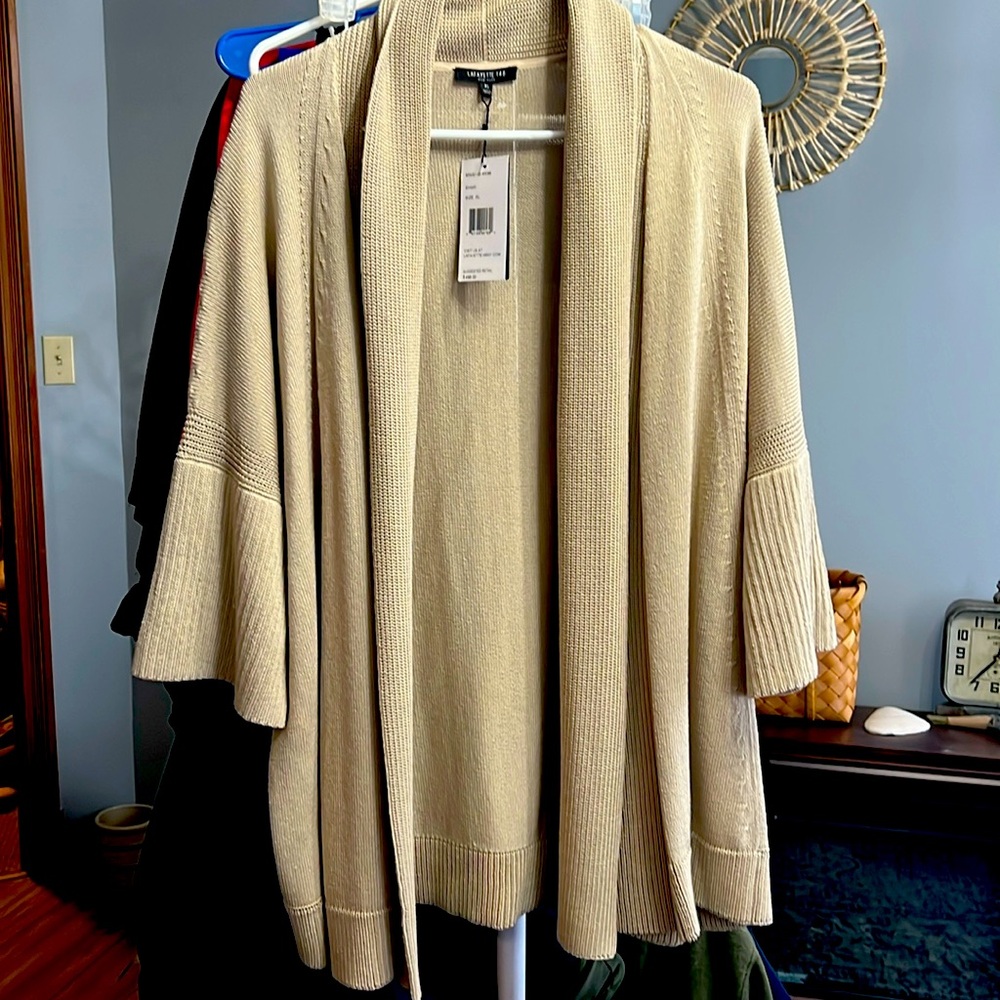 Lafayette 148 open cardigan.   Tan in color.  Quarter swing sleeves. Brand new